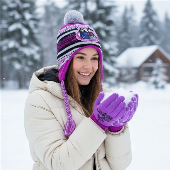 Disney Descendants ✦ Winter Hat & Gloves Set ✦ Pom-Pom Design Purple & Black - Picture 1 of 9